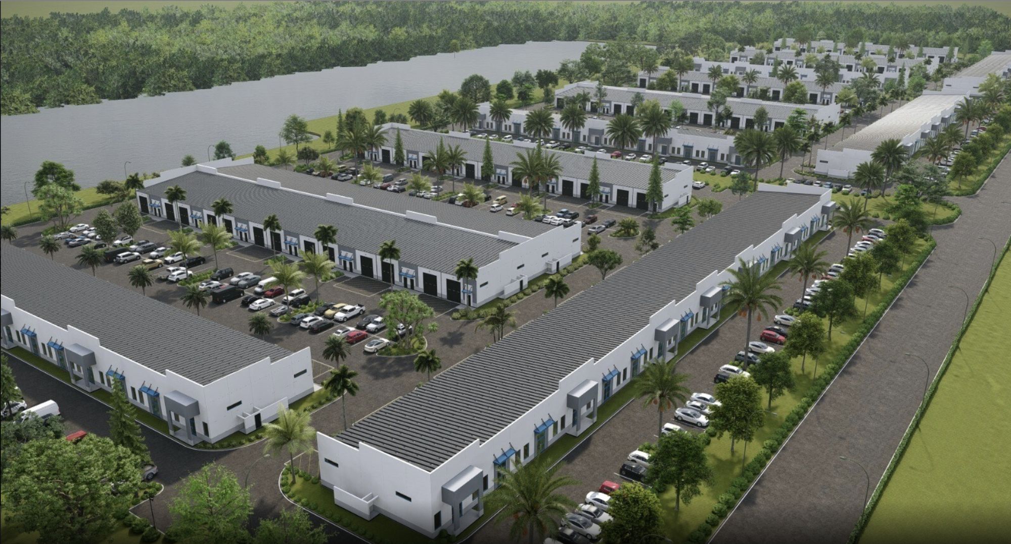 Aerial rendering of white flex buildings, parking and palms with palms and parking