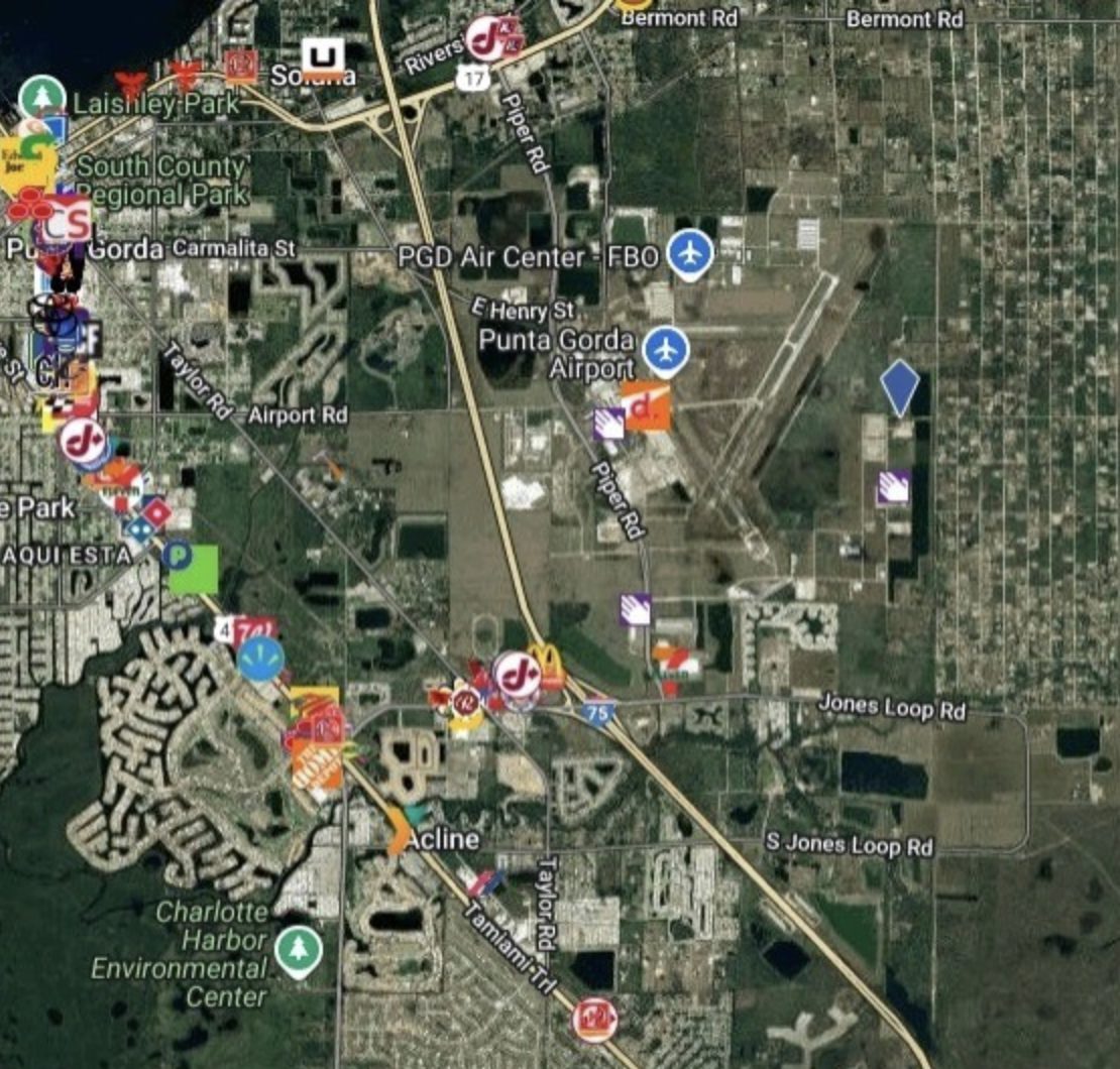 Satellite map of Punta Gorda, I-75 and the airport