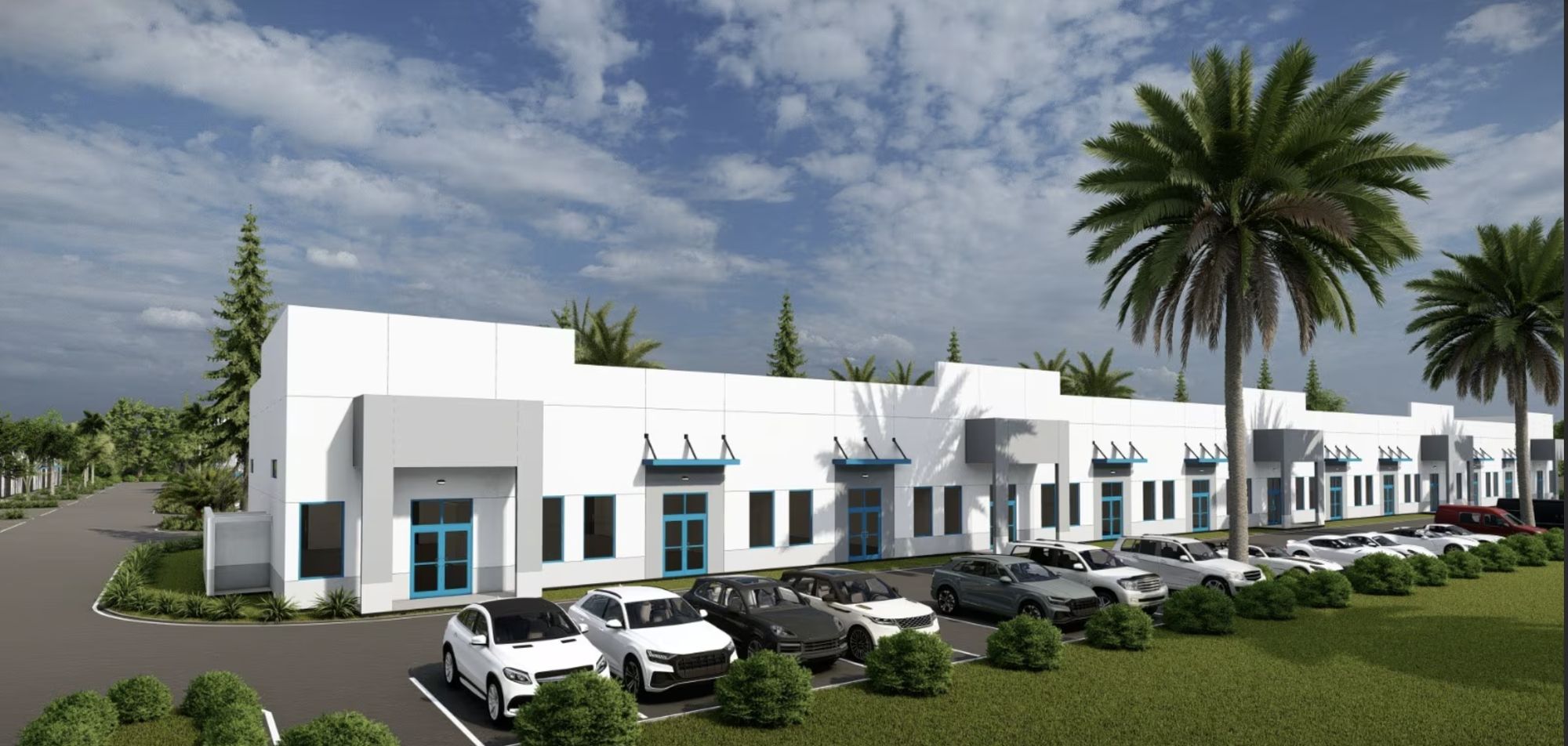 Rendering of a white masonry flex building with teal storefront glass, palms and parking